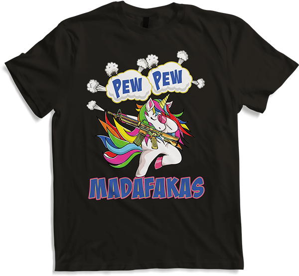 Produktbild von T-Shirt Pew Pew Madafakas Einhorn mit Maschinenpistole