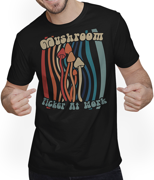 Produktbild von T-Shirt mit Mann Pilzpflücker bei der Arbeit, psychedelischer Vintage-Psilocybin
