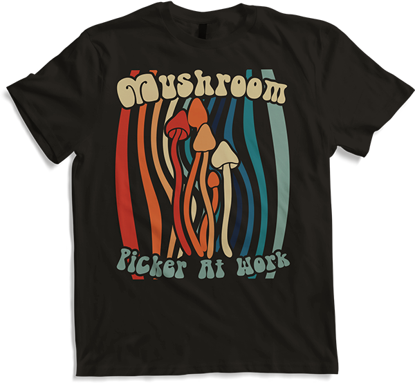 Produktbild von T-Shirt Pilzpflücker bei der Arbeit, psychedelischer Vintage-Psilocybin