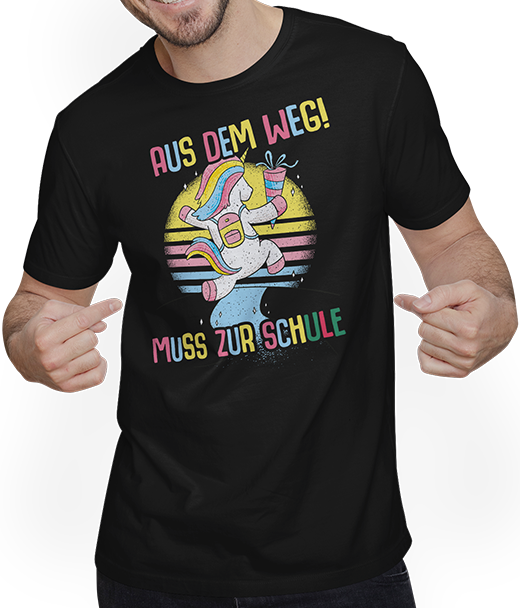 Produktbild von T-Shirt mit Mann Schulkind 1. Klasse Grundschüler Schulstart Einhorn Mädchen