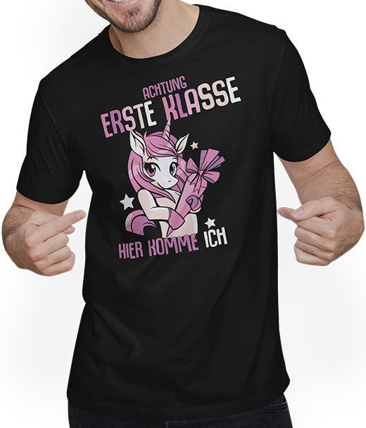 Produktbild von T-Shirt mit Mann Schulkind 1. Klasse Schulanfänger Schulstart Einhorn Mädchen