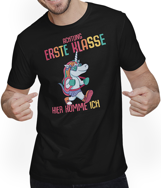 Produktbild von T-Shirt mit Mann Schulkind 1. Klasse Schulanfänger Schulstart Einhorn Mädchen