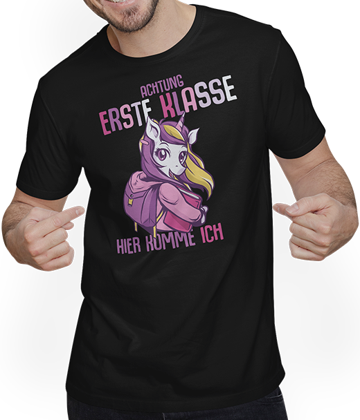 Produktbild von T-Shirt mit Mann Schulkind 1. Klasse Schulanfänger Schulstart Einhorn Mädchen