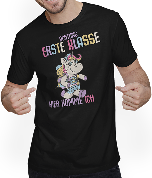 Produktbild von T-Shirt mit Mann Schulkind 1. Klasse Schulanfänger Schulstart Einhorn Mädchen