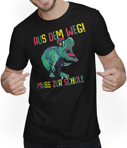 Produktbild von T-Shirt mit Mann Schulkind Erste Klasse Grundschüler Schulstart Dinosaurier