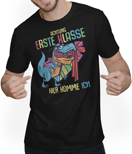 Produktbild von T-Shirt mit Mann Schulkind Erste Klasse Schulanfänger Schulstart Dinosaurier