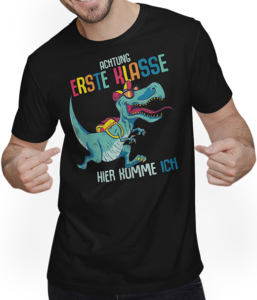 Produktbild von T-Shirt mit Mann Schulkind Erste Klasse Schulanfänger Schulstart Dinosaurier