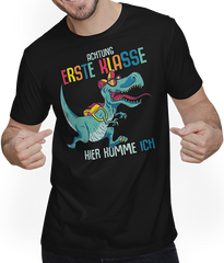 Produktbild von T-Shirt mit Mann Schulkind Erste Klasse Schulanfänger Schulstart Dinosaurier