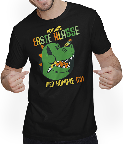 Produktbild von T-Shirt mit Mann Schulkind Erste Klasse Schulanfänger Schulstart Dinosaurier