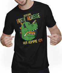 Produktbild von T-Shirt mit Mann Schulkind Erste Klasse Schulanfänger Schulstart Dinosaurier