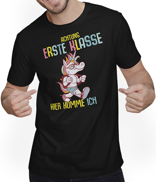 Produktbild von T-Shirt mit Mann Schulkind Erste Klasse Schulanfänger Schulstart Einhorn