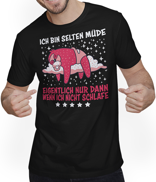 Produktbild von T-Shirt mit Mann Selten Müde Schlafen Baby Faultier Sprüche Sarkastisches