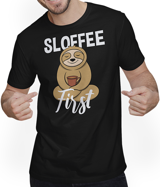 Produktbild von T-Shirt mit Mann Sloffee First Coffee Spruch Koffein mit lustigem Faultier Spruch