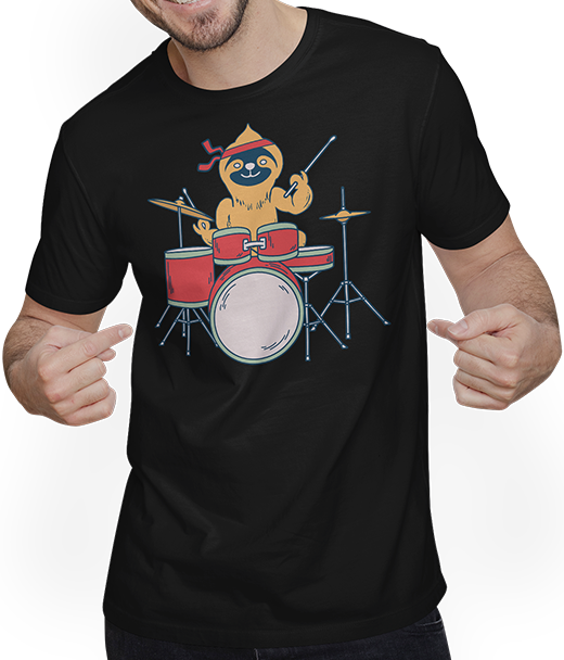 Produktbild von T-Shirt mit Mann Slow Drummer Faultier Lustiges Schwermetall-Spruch Doom Metall