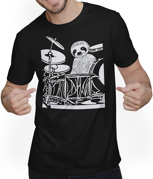 Produktbild von T-Shirt mit Mann Slow Drummer Faultier Lustiges Schwermetall-Spruch Doom Metall