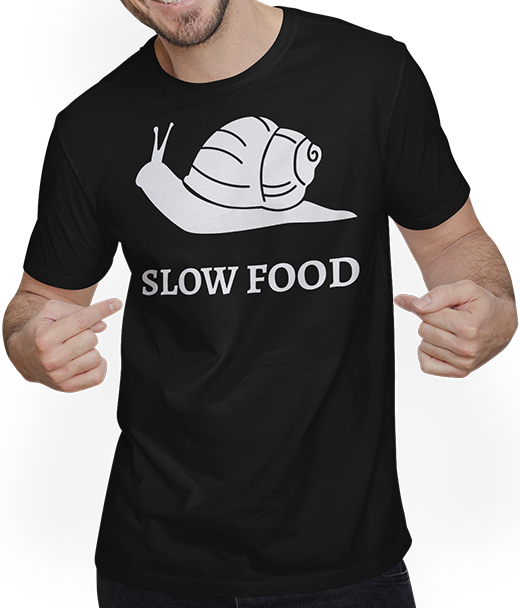 Produktbild von T-Shirt mit Mann Slow Food Römische Schnecke Lustiger Gourmet Spruch French Cook Chef