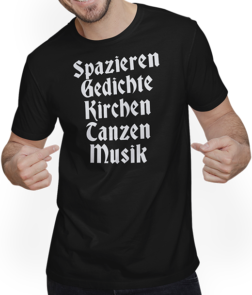 Produktbild von T-Shirt mit Mann Spazieren Gedichte Kirche Tanzen Musik Gothic Batcave Spruch