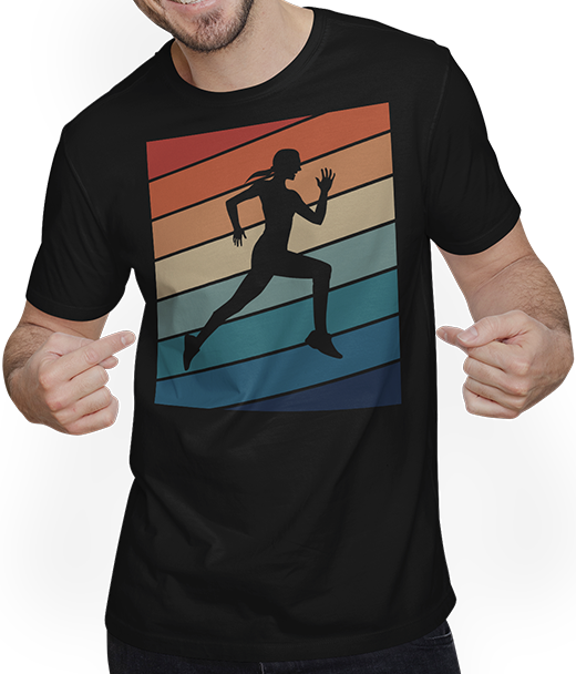 Produktbild von T-Shirt mit Mann Vintage Läuferin | Retro Streifen Shirt | Für Sportler