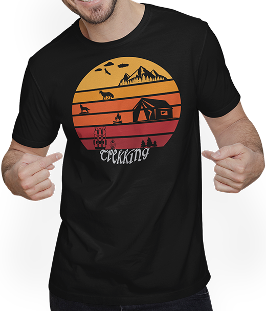 Produktbild von T-Shirt mit Mann Wandern & Trekking | Vintage Sonne | Mit Zelt und Lagerfeuer