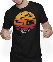 Produktbild von T-Shirt mit Mann Wandern & Trekking | Vintage Sonne | Mit Zelt und Lagerfeuer