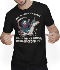 Produktbild von T-Shirt mit Mann Wenn Du Deinen Job liebst Sensenmann Einhorn Halloween