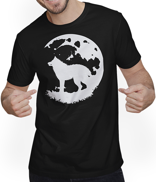 Produktbild von T-Shirt mit Mann Wolf und Mond Silhouette Wölfe Spruch