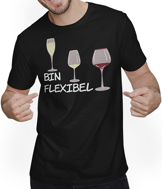 Produktbild von T-Shirt mit Mann Bin flexibel Rotwein Sekt Weißwein Spruch Wein Sprüche