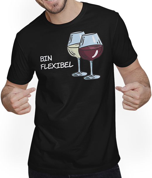 Produktbild von T-Shirt mit Mann Bin flexibel Rotwein Glas Weißwein Spruch Wein Sprüche