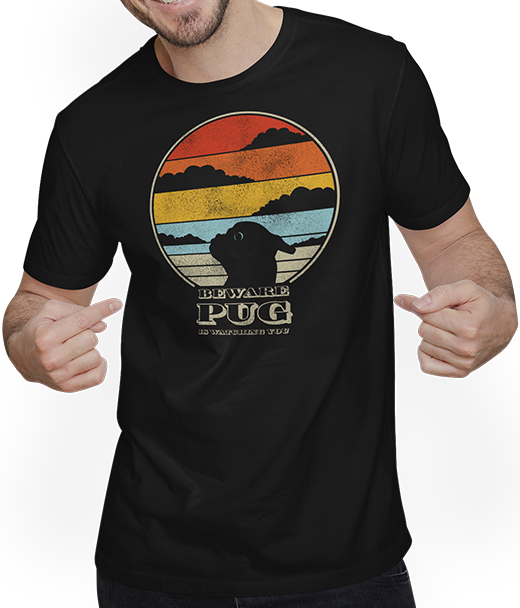 Produktbild von T-Shirt mit Mann Beware Pug Is Watching You Vintage Sonne Retro Sonnenuntergang Hund Mops