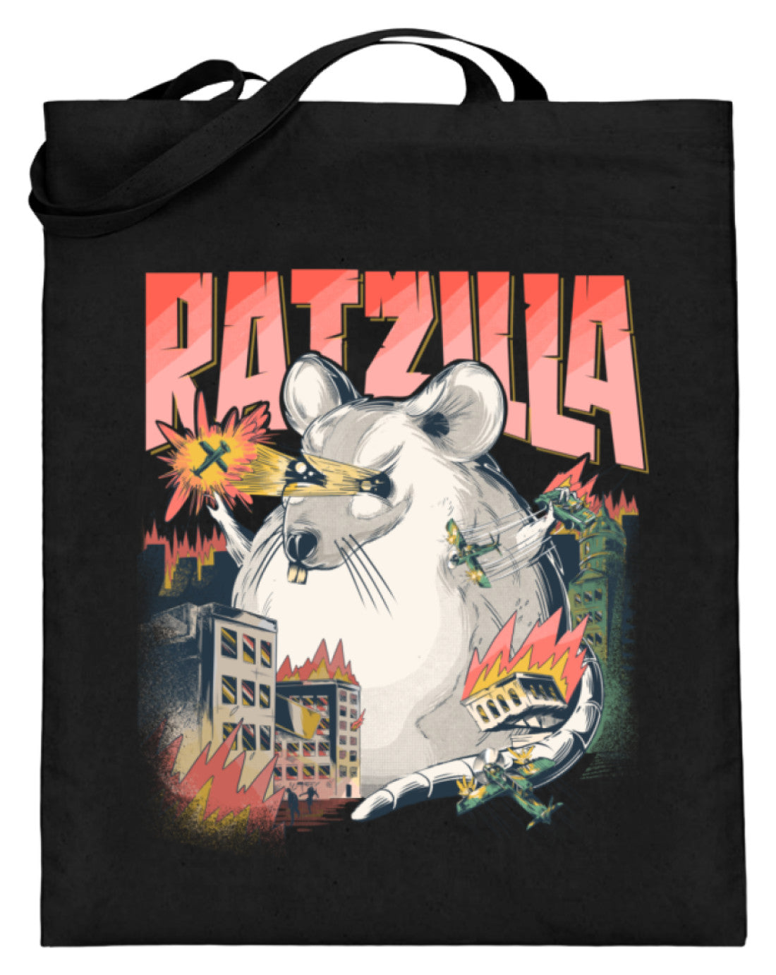 RATZILLA (frech) | Lustiges Farbratten-Monster | Jutebeutel in Black in Größe 38cm-42cm