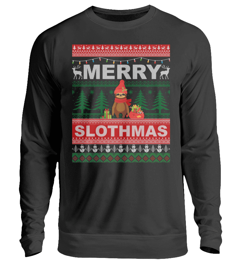 Zeigt merry slothmas unisex pullover in Farbe Jet Black