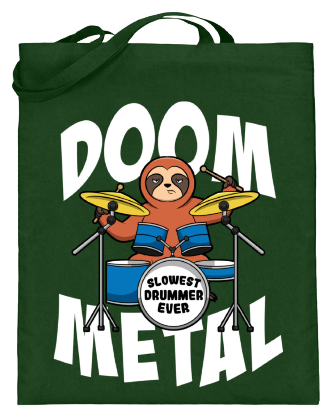 Zeigt funny doom metal sloth drummer jutebeutel mit langen henkeln in Farbe Grün