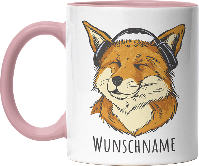 Fuchs mit Kopfhörern Personalisierbar Name Witzige Altrosa Tasse kaufen Geschenk