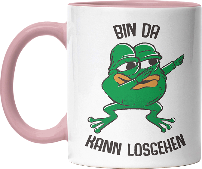 Bin da kann losgehen Frosch Witzige Altrosa Tasse kaufen Geschenk