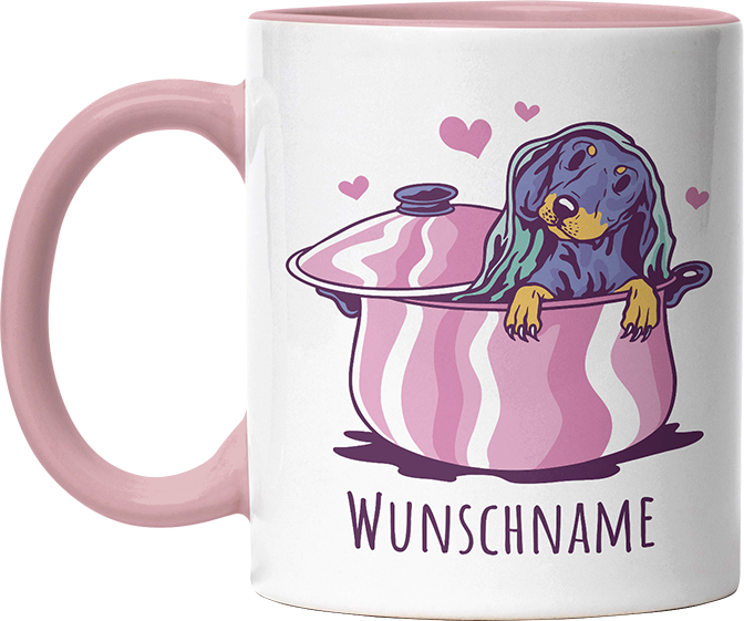 Dackel in Kochtopf Personalisierbar Name Witzige Altrosa Tasse kaufen Geschenk