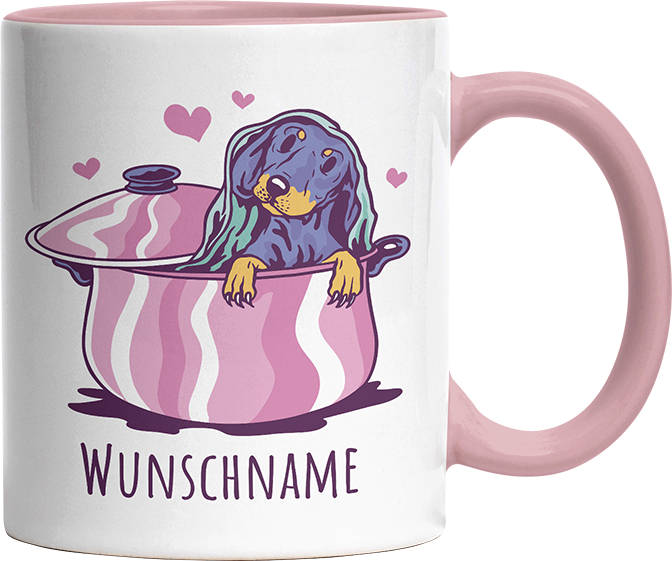 Dackel in Kochtopf Personalisierbar Name Witzige Altrosa Tasse kaufen Geschenk