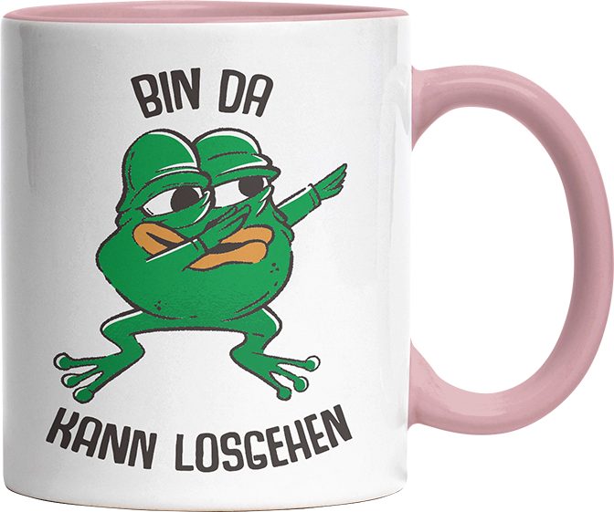 Bin da kann losgehen Frosch Witzige Altrosa Tasse kaufen Geschenk