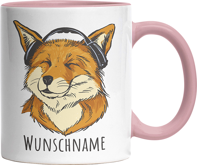 Fuchs mit Kopfhörern Personalisierbar Name Witzige Altrosa Tasse kaufen Geschenk