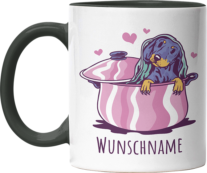 Dackel in Kochtopf Personalisierbar Name Witzige Black Tasse kaufen Geschenk