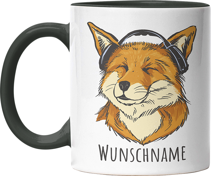 Fuchs mit Kopfhörern Personalisierbar Name Witzige Black Tasse kaufen Geschenk