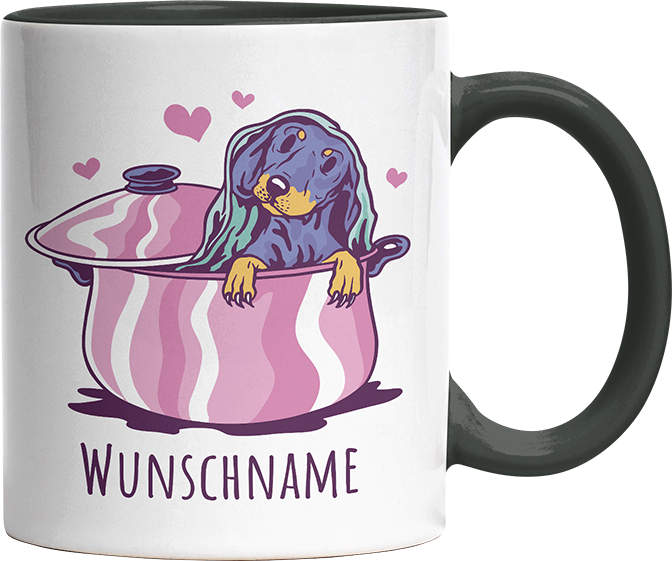 Dackel in Kochtopf Personalisierbar Name Witzige Black Tasse kaufen Geschenk
