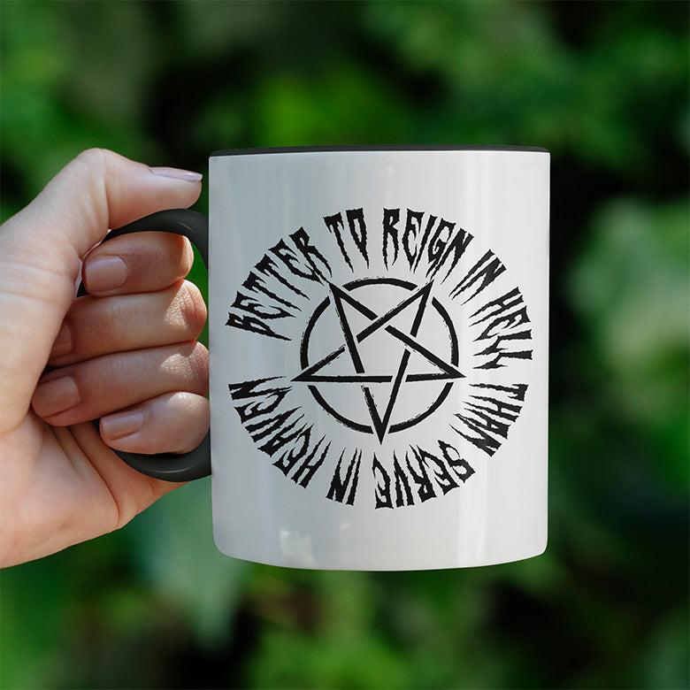 Lieber in der Hölle regieren als im Himmel dienen Witzige schwarze Tasse kaufen Geschenk