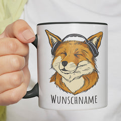 Fuchs mit Kopfhörern Personalisierbar Name Witzige schwarze Tasse kaufen Geschenk