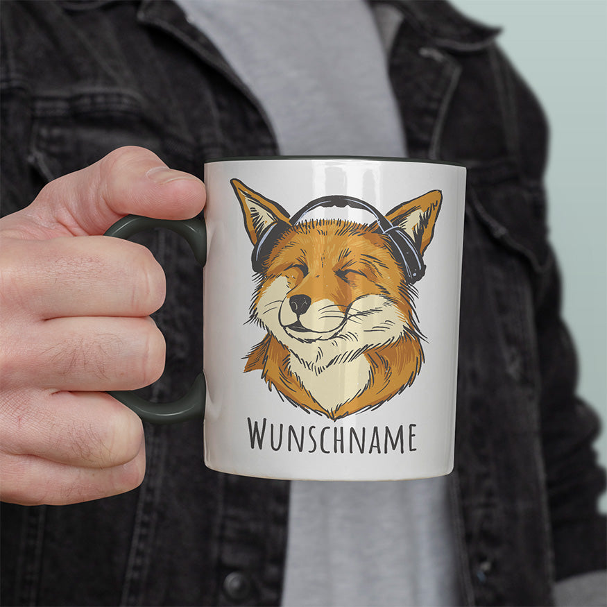 Fuchs mit Kopfhörern Personalisierbar Name Witzige schwarze Tasse kaufen Geschenk