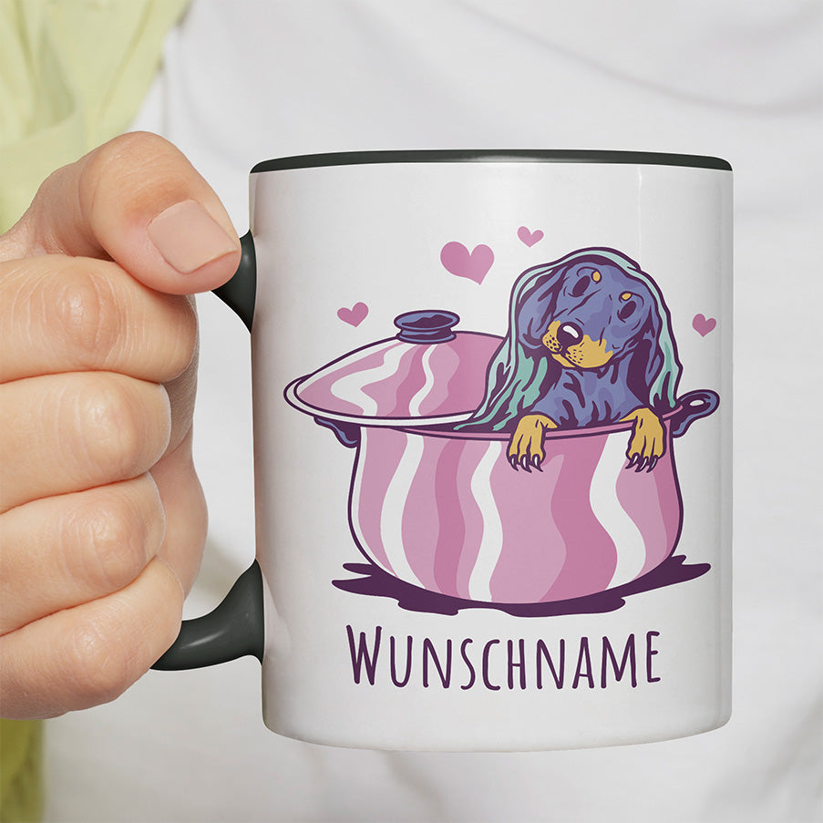 Dackel in Kochtopf Personalisierbar Name Witzige schwarze Tasse kaufen Geschenk