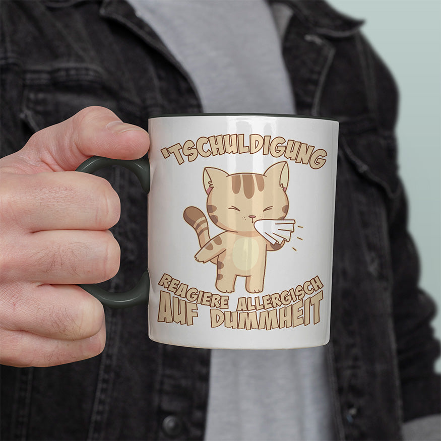 Tschuldigung reagiere allergisch auf Dummheit Katze 1 Witzige schwarze Tasse kaufen Geschenk