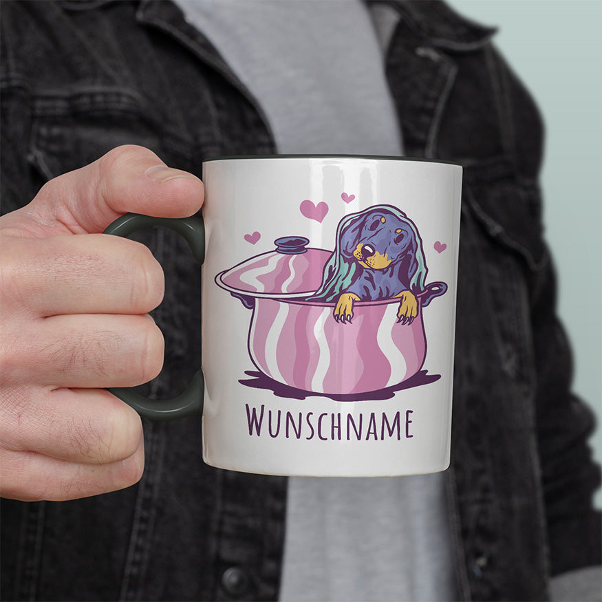 Dackel in Kochtopf Personalisierbar Name Witzige schwarze Tasse kaufen Geschenk