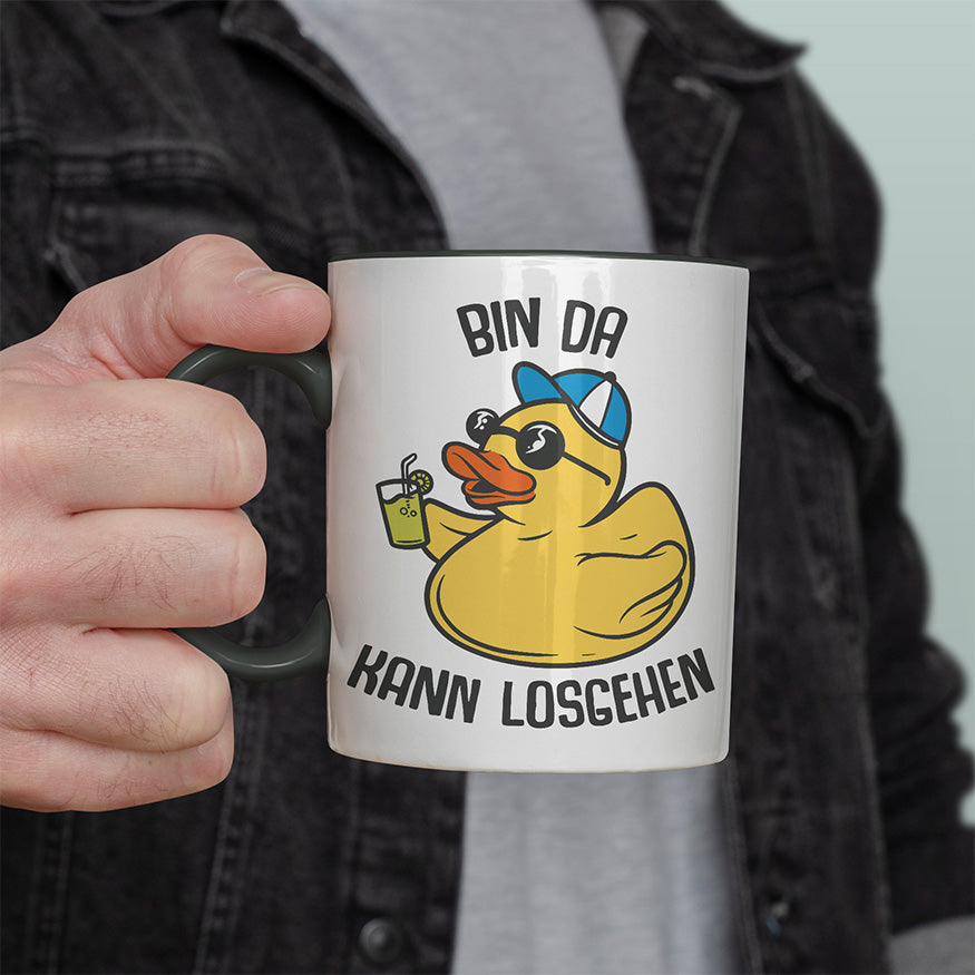 Bin da kann losgehen Badeentchen Witzige schwarze Tasse kaufen Geschenk