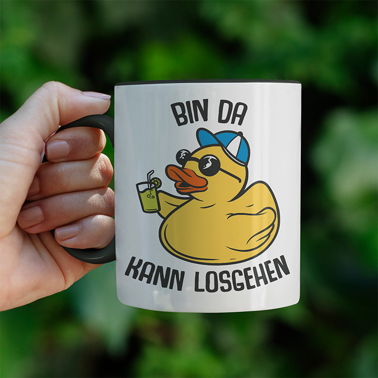 Bin da kann losgehen Badeentchen Witzige schwarze Tasse kaufen Geschenk