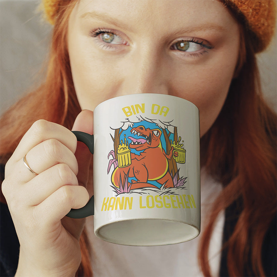 Bin da kann losgehen T Rex Bier Witzige schwarze Tasse kaufen Geschenk